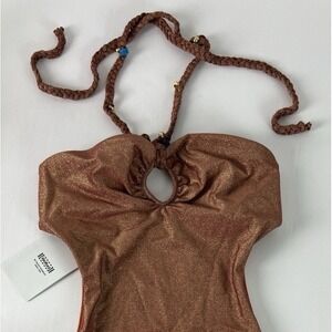 Wolford Metallic Halter One Piece Swimsuit Sz M Bronze Sparkle Cutout Beaded A69